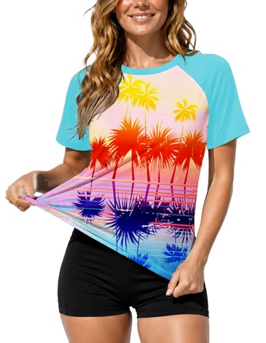 Image of AOBUTE Women Short Sleeve Rash Guard UPF 50+ Tropical Sun Protection Floral Swim Shirts