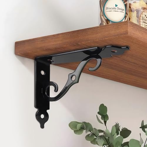 LALAGO Pack of 4 Shelf Brackets, Black Metal, 14 cm, Shelf Brackets, Vintage, Antique Style, S-Shaped Shelf Brackets, Heavy Duty Angle for Wall Shelf, Floating Shelf, Wall Console, Shelves - Image 3
