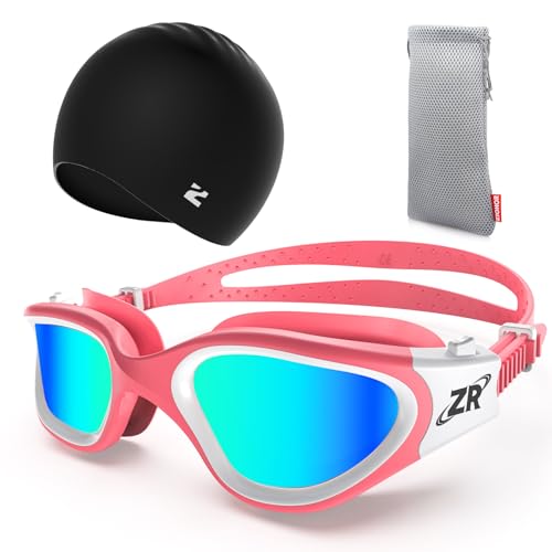 ZIONOR Polarisiert Schwimmbrille + Schwimmkappe für Herren und Damen, UV-Schutz Anti Nebel Verstellbar Gurt Komfort Profi Schwimmbrillen (YKY-EU-G1S-Hell-PinkGold+C5-Schwarz)