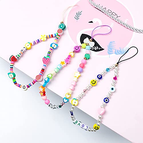Ninelimi 3 Pieces Smile Face Beaded Phone Lanyard Wrist Strap Fruit Star Letter Pearl Handmade Rainbow Polymer Clay Acrylic Beads Pearl Bracelet Keychain For Women #TOP6
