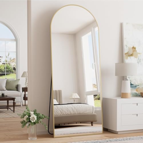 Image of Prywot Full Length Mirror, 64 inchx21 inch Arched Floor Mirror with Stand, Gold