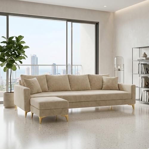 Image of Classiq Rich 5 Seater L Shape Sofa Set with Movable Ottoman | Flexible Layout | Spacious Soft Touch Seating | Designer Sofa for Living Room (Cream)