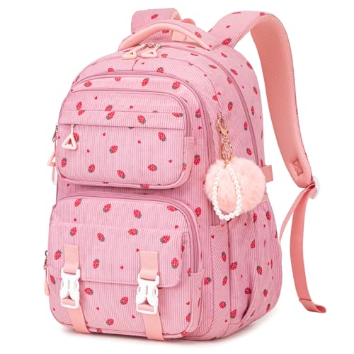 ASKSKY Girls Backpack Kids Backpack for Girls School Bag for Primary Elementary & Middle School Students Bookbags for Teen Girl Corduroy Laptop Backpack Travel Daypack Pink Strawberry