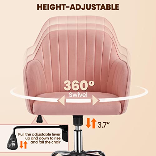 Yaheetech Velvet Office Desk Chair Height Adjustable Task Chairs Modern Office Chair Makeup Chair 360° Swivel Computer Chair Mid Back Chair Living Room Chairs With Arms&Stainless Base Accent Pink #TOP6