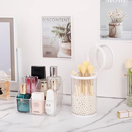 YAKALIKA White Makeup Brush Holder, Vintage Round Glass Cosmetics Brushes Organizer with Dustproof Lid, Large Capacity Storage Box for Vanity, Bathroom, Dresser, Countertop, Desk ( Pearls Included)