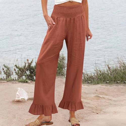 Image of Women Linen Pants Dressy Casual Summer Boho Ruffle Hem Wide Leg Cropped Pants Smocked High Waisted Palazzo Pant