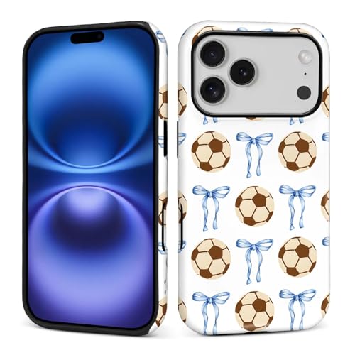yicomon Compatible with iPhone 18 Pro 17 Pro Case, Soccer Blue Bow Pattern Print Matte Phone Case Durable Fashion Funny Liquid Silicone Case Soft Anti-Scratch Shockproof Protective Cover