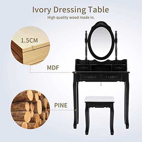 Mecor Vanity Table,Makeup Dressing Table With Oval Mirror,Bedroom Vanity Set W/Cushioned Stool 4 Drawers Women Girls Kids Black #TOP2