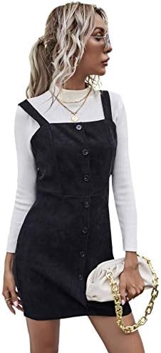 Floerns Women's Corduroy Button Down Pinafore Overall Dress with Pockets Dark Black L
