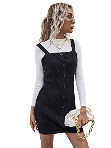 Floerns Women's Corduroy Button Down Pinafore Overall Dress With Pockets Dark Black L #TOP3