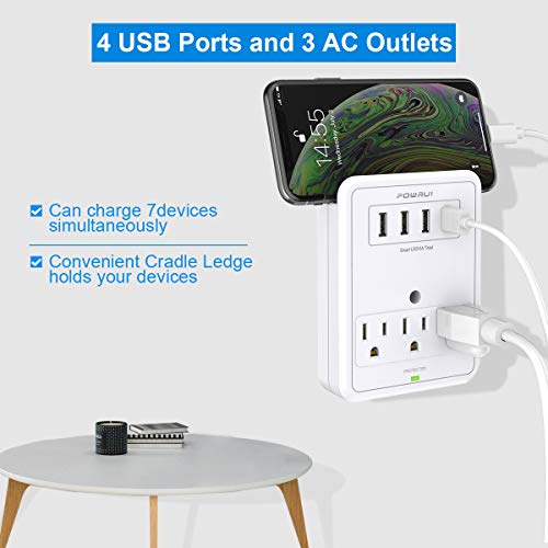 USB Wall Charger, Surge Protector, POWRUI 3 Outlet Wall Mount Adapter with 4 USB Ports Charging Station (30W) Compatible iPhone Xs/XS Max/XR/X/8/7/6/Plus, Pro/Air 2/Mini 3/Mini 4, Samsung S4/S5, 6A - Thumbnail 6