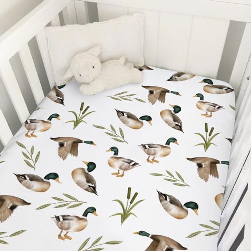 Image of Vintage Mallard Duck Leaves Baby Crib Fitted Sheet 52''x28'' Duck Hunting Stretchy Fitted Crib Mattress Sheet for Boy Girl Wild Duck Soft Nursery Bed Sheet for Standard Crib and Toddler Mattress