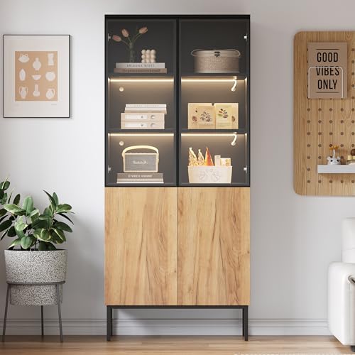 FAYICIC Vitrina con puertas de cristal armario de 180 cm de alto con luces LED estantería de 5 pisos