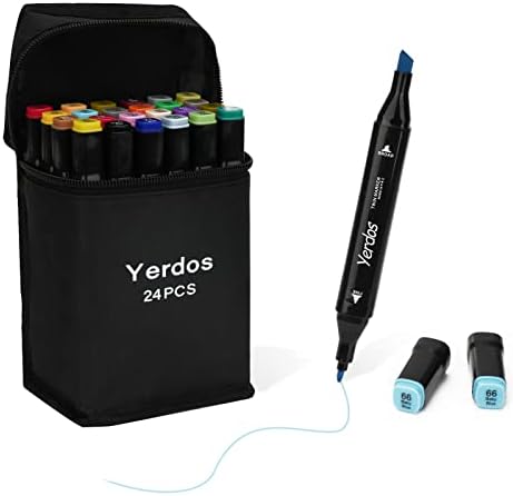 Yerdos 24 Color Alcohol Marker Pens for Coloring Art Markers for Kids, Adults, Duals Tip Marker Set for Coloring sketching Card Making Illustration (24 Black Shell)
