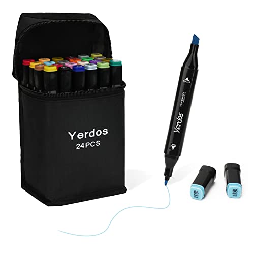 Yerdos 24 Color Alcohol Marker Pens For Coloring Art Markers For Kids, Adults, Duals Tip Marker Set For Coloring Sketching Card Making Illustration (24 Black Shell) #TOP20