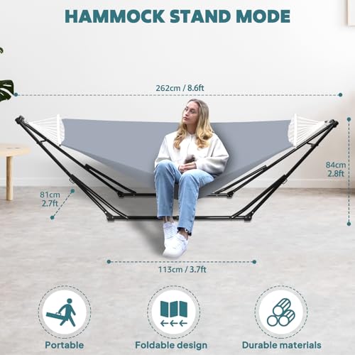 Miniatura 2 de Anyoo Hamaca Y Silla Hamaca De Algodón Con Soporte Plegable, Set De Soporte De Hamaca Portátil De Doble Uso Para Hamacas De Interior Y Exterior Jardín Terraza Patio Camping Cubierta