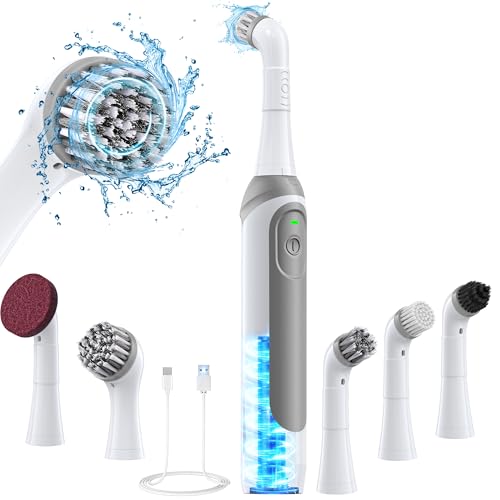 kHelfer Rechargeable Electric Grout Brush with Built-in Battery, Power Scrubber & IPX7 Waterproof, Cordless Electric Cleaning Brush & 5 Replacement Heads for Grout, Crevice, Kitchen, Bathroom