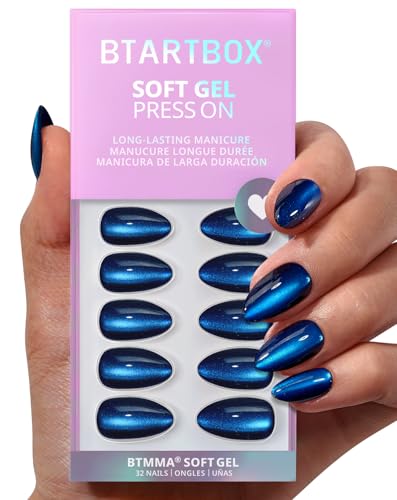BTArtbox Press On Nails Almond - Forstbite Spell Deep Blue Cat Eye Short Press On Nails with Glue for Women Glossy Soft Gel Glue On Nails in 16 Sizes - 32 Stick On Nails Kit