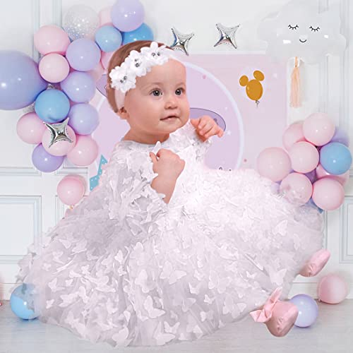 Klfflgid Baby Flower Girl White Bowknot Dress Toddler Infant Long Sleeve Butterfly Tutu Gown Baby Girls Wedding Baptism Tulle Birthday Party Princess Pageant Dresses(18-24Months) #TOP1
