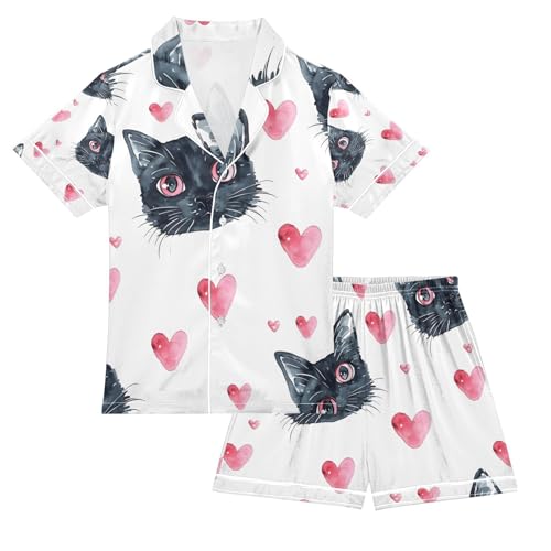 senya Cat Face and Pink Hearts Satin Summer Pajama Sets Silk Short Sleeve Button Down Sleepwear