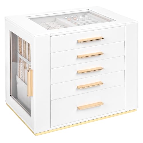 Yieseang Schmuckaufbewahrung Groß,Schmuckkästchen Mädchen,Schmuck Organizer Schublade,Schmuckkasten mit Glasdeckel,Jewelry Box für Ohrringe,Uhren,Ringe,Schmuckbox für Weihnachten,Valentinstag,Weiß