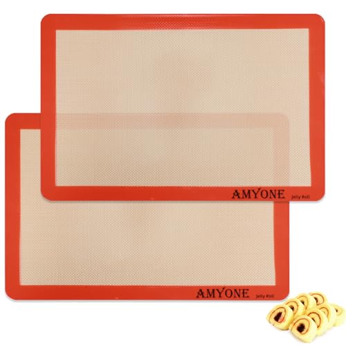 Amyone Silicone Baking Mat For Jelly Roll Pan, Non-Stick Silicone Baking Sheet Liners Compatible With Nordic Ware Naturals Jelly Roll Pans, 2 Pcs Food Grade Baking Mats For 10 X 15-Inch Swiss Roll Pan
