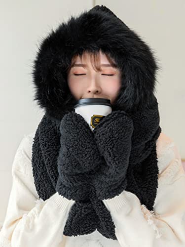 Women's Faux Fur Furry Hood Hat Scarf Gloves 3-in-1 Warm Plush Earflaps Hoodie Cap Fur Collar Winter Hat2