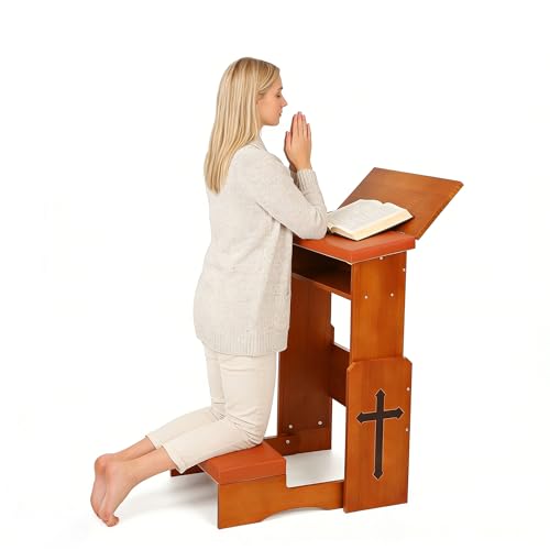 JoyPcsTable Prayer Kneeler Bench with Book Rest Adjustable Height Foldable Kneeling Bench with Thick Padding Portable Prayer Stool for Home Church and Meditation