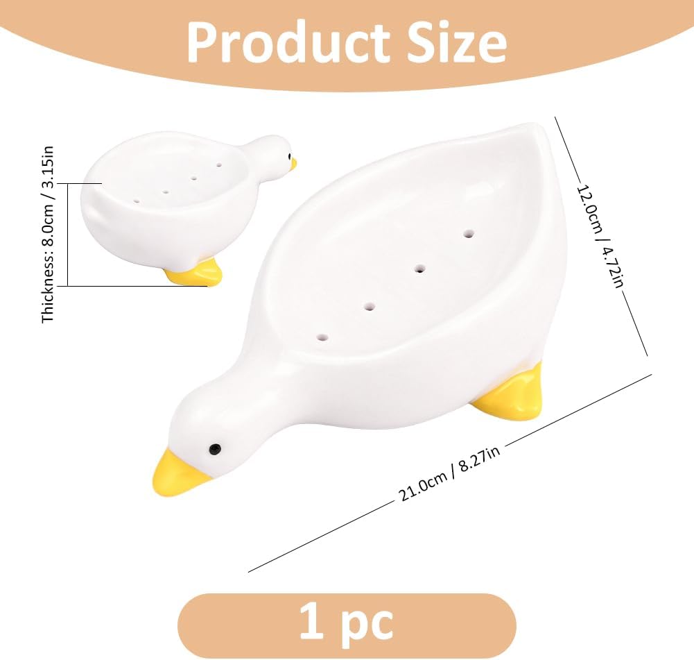 SUPERFINDINGS Duck Soap Dish Ceramic Self Draining Soap Holder Cute Soap Dish Duck Soap Holder with Drain Floral White Glaze Finish for Shower Bathroom Bar Kitchen, Floral White