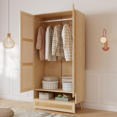 Kebnor Armario con barra, armario de 2 puertas, dormitorio, red de ratán, sala de estar, con tapa abatible inferior, aglomerado+ratán PE, naturaleza