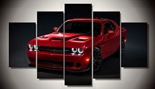 Red Dodge Challenger Hellcat Muscle Classic Racing Sport Super Rally Car Supercar Canvas Prints Picture Painting Framed Ready to Hang (5 Panels/Set)