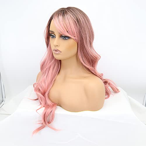 Xiweiya Wigs Ombre Orange Pink Wig with Air Bangs Hair Long Wavy Synthetic Straight Heat Resistant Fiber Wigs Middle Parting for Women Drag Queen Cosplay Makeup - Image 2