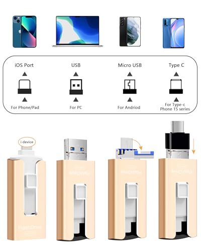 Image of USB Flash Drive 512GB, Photo Stick Memory External Data Storage Thumb Drive Compatible for Phone, Pad, Android, PC and More Devices (Gold)
