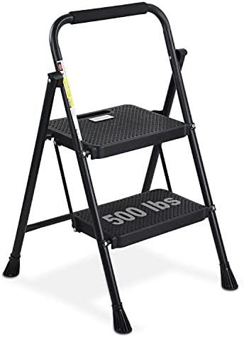HBTower 2 Step Ladder, Folding Step Stool with Wide Anti-Slip Pedal, Sturdy Steel Ladder, Convenient Handgrip, Lightweight 500lbs Portable Steel Step Stool, Black