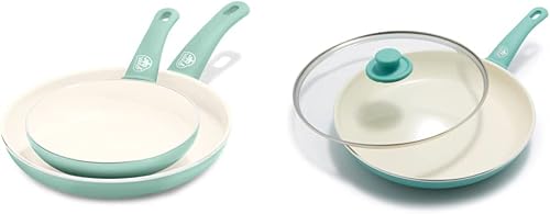 GreenLife Juego de sartenes de 7 y 10 pulgadas + sartén de 12 pulgadas con tapa, cerámica antiadherente, turquesa