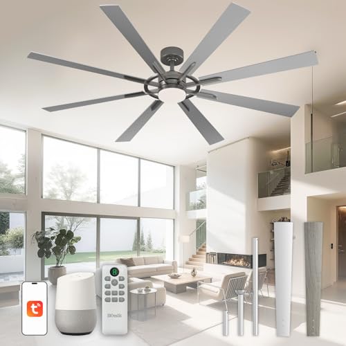 Homlit 72 Inch Smart Ceiling Fan with Light and Remote, Silver Ceiling Fan with Quiet Reversible DC Motor, Control Via WIFI Alexa App, 3CCT Dimmable Large Indoor/Outdoor Ceiling Fans for Patio Garage