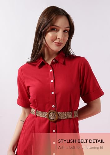 Image of FYLTR Women's Solid Midi Dress - 100% Cotton | Half Sleeve | Western Dress for Women | Office wear Dress (Belt Included)