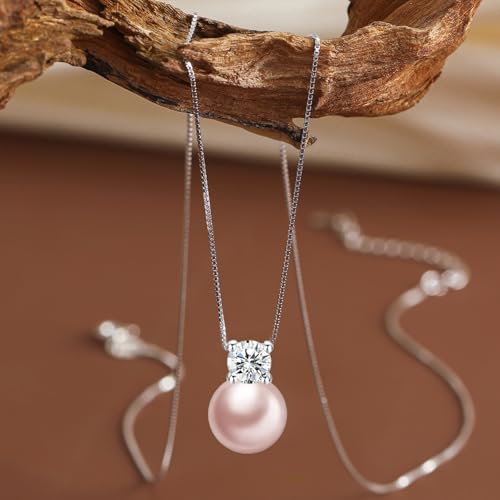 Sterling Silver White/Pink Pearl Pendant Necklace - 10mm Single Pearl Necklaces for Women Dainty Wedding Jewelry Gifts2