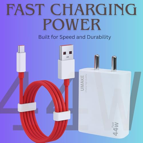 Image of Umake 44W Quick Charge 3.0 Wall Charger with USB-A to Type-C Cable, High-Speed Charging Adapter Compatible with VOOC, Warp & Dash Supported Devices BIS Certified