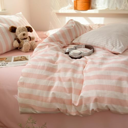Image of Striped Duvet Cover Queen Size Pink White Stripes Bedding Set Modern Vertical Striped Reversible Duvet Cover Set Soft Lightweight Microfiber Quilt Cover with Zipper Closure and 2 Pillowcases