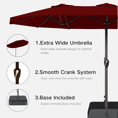 Kingdura 13ft Large Patio Umbrella with Base Included, Double-Sided Rectangle Outdoor Table Umbrella with 12 Reinforced Ribs, Crank Lift for Market Pool Deck Backyard, Dark red by Kingdura - Used condition - Image 6