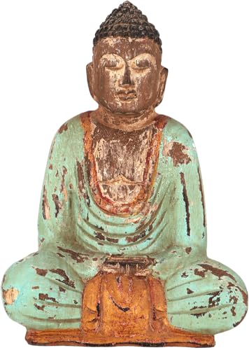GURU SHOP Buda de madera sentada, estatua de Buda, hecha a mano, 21 cm, verde antiguo, modelo 16, Buda