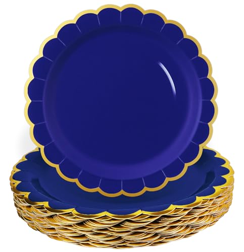 Image of HEIPINIUYE 50 Pieces Blue Paper Plates with Gold Foil 7 Inch Disposable Blue and Gold Scalloped Dinner Plates for Wedding Baby Shower Birthday Party Dessert Plate