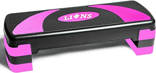 Lions Adjustable Workout Aerobic Stepper - 3 Level Height Adjustable Deck Riser, Yoga Fitness Step, Non Slip Workout Platform, Home Gym & Extra Risers Options (Pink)