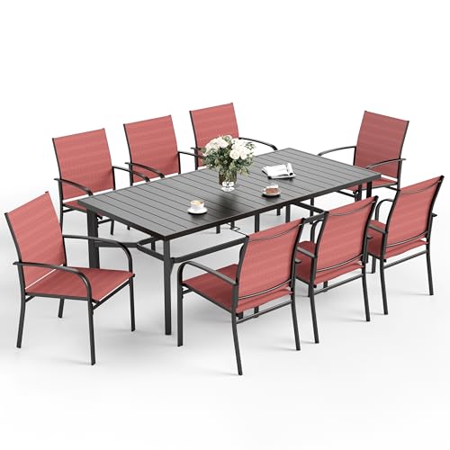 Image of SUNSHINE VALLEY 9pc Patio Dining Set, 83 inch Metal Table & 8 Red Chairs