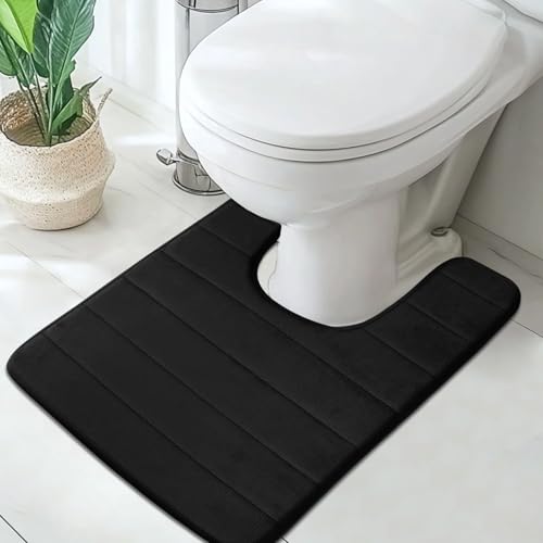 Image of LUSCHEER Absorbent WC Toilet Rug Non-Slip U Shape Pedestal Mat Bath Mat, Extra Soft Memory Foam Bathroom Toilet Mat for Floor, Quick-drying Machine-Washable, 50 x 60 cm, Black