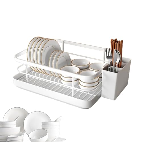 Escurreplatos de cocina – Organizador de platos de encimera, escurridor de platos con soporte para cubiertos, estante de secado fiable con bandeja de goteo, organizador de platos compacto para platos