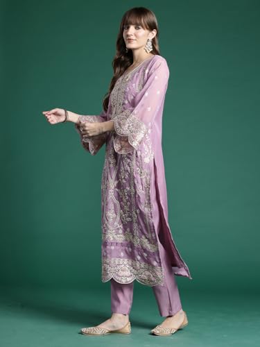 Image of INDO ERA Women's Straight Organza Ethnic Motifs Embroidered Kurta and Pant with Dupatta Set (KH9PH10614)
