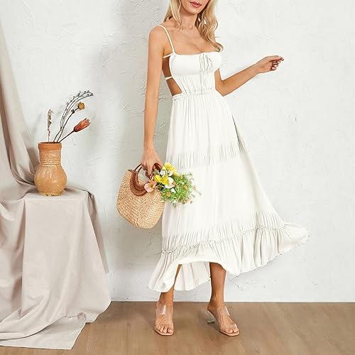 Image of Owl's-Yard Women Ruffle Spaghetti Strap Dress Sexy Backless Tiered Flowy Sundresses Boho Beach Long Dress Clubwear