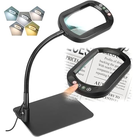Veemagni 10X Rectangle Magnifying Glass with Light and Stand, Flexible Gooseneck LED Lighted Desk Lamp, 5 Color Modes Stepless Dimmable, Hands Free Magnifier for Reading Crafts Painting Close Work Cover